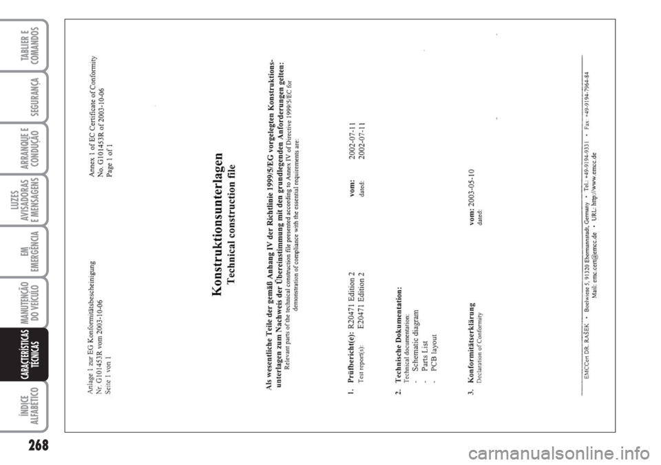 FIAT DUCATO 2007  Manual de Uso e Manutenção (in Portuguese) 268
LUZES
AVISADORAS 
E MENSAGENS 
ÍNDICE
ALFABÉTICO
TABLIER E
COMANDOS
SEGURANÇA
ARRANQUE E
CONDUÇÃO
EM
EMERGÊNCIA
MANUTENÇÃO
DO VEÍCULO 
CARACTERÍSTICAS
TÉCNICAS 