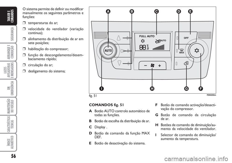 FIAT DUCATO 2007  Manual de Uso e Manutenção (in Portuguese) 56
SEGURANÇA
ARRANQUE E
CONDUÇÃO
LUZES
AVISADORAS 
E MENSAGENS 
EM
EMERGÊNCIA
MANUTENÇÃO
DO VEÍCULO 
CARACTERÍSTICAS
TÉCNICAS
ÍNDICE
ALFABÉTICO
TABLIER E
COMANDOS
O sistema permite de defin