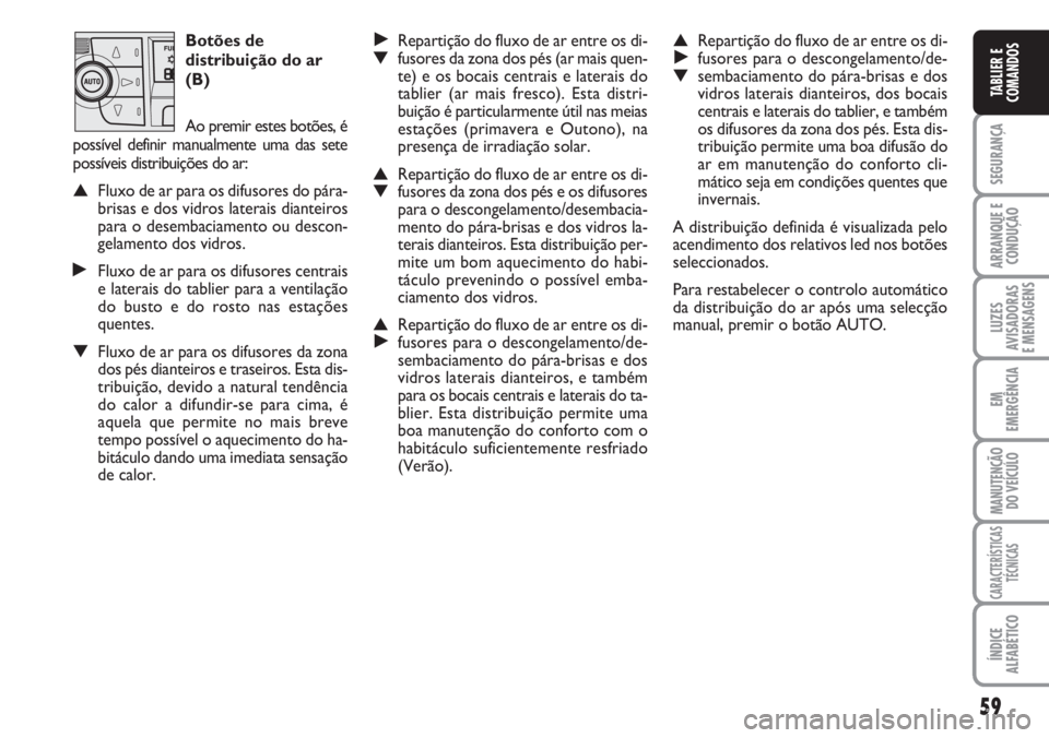 FIAT DUCATO 2007  Manual de Uso e Manutenção (in Portuguese) 59
SEGURANÇA
ARRANQUE E
CONDUÇÃO
LUZES
AVISADORAS 
E MENSAGENS 
EM
EMERGÊNCIA
MANUTENÇÃO
DO VEÍCULO 
CARACTERÍSTICAS
TÉCNICAS
ÍNDICE
ALFABÉTICO
TABLIER E
COMANDOS
Botões de
distribuição 