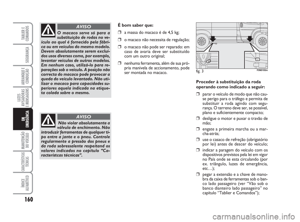 FIAT DUCATO 2008  Manual de Uso e Manutenção (in Portuguese) 160
LUZES
AVISADORAS 
E MENSAGENS 
MANUTENÇÃO
DO VEÍCULO 
CARACTERÍSTICAS
TÉCNICAS
ÍNDICE
ALFABÉTICO
TABLIER E
COMANDOS
SEGURANÇA
ARRANQUE E
CONDUÇÃO
EM
EMERGÊNCIA
Proceder à substituiçã