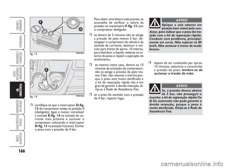 FIAT DUCATO 2008  Manual de Uso e Manutenção (in Portuguese) 166
LUZES
AVISADORAS 
E MENSAGENS 
MANUTENÇÃO
DO VEÍCULO 
CARACTERÍSTICAS
TÉCNICAS
ÍNDICE
ALFABÉTICO
TABLIER E
COMANDOS
SEGURANÇA
ARRANQUE E
CONDUÇÃO
EM
EMERGÊNCIA
❒certifique-se que o in