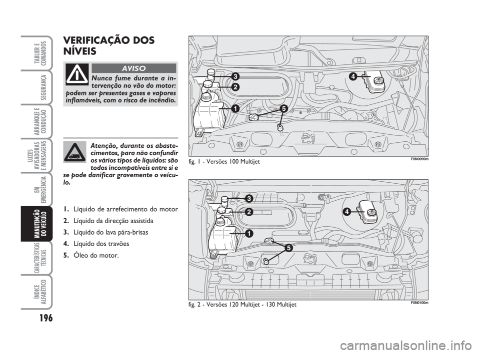 FIAT DUCATO 2008  Manual de Uso e Manutenção (in Portuguese) 196
LUZES
AVISADORAS 
E MENSAGENS 
CARACTERÍSTICAS
TÉCNICAS
ÍNDICE
ALFABÉTICO
TABLIER E
COMANDOS
SEGURANÇA
ARRANQUE E
CONDUÇÃO
EM
EMERGÊNCIA
MANUTENÇÃO
DO VEÍCULO 
VERIFICAÇÃO DOS
NÍVEIS