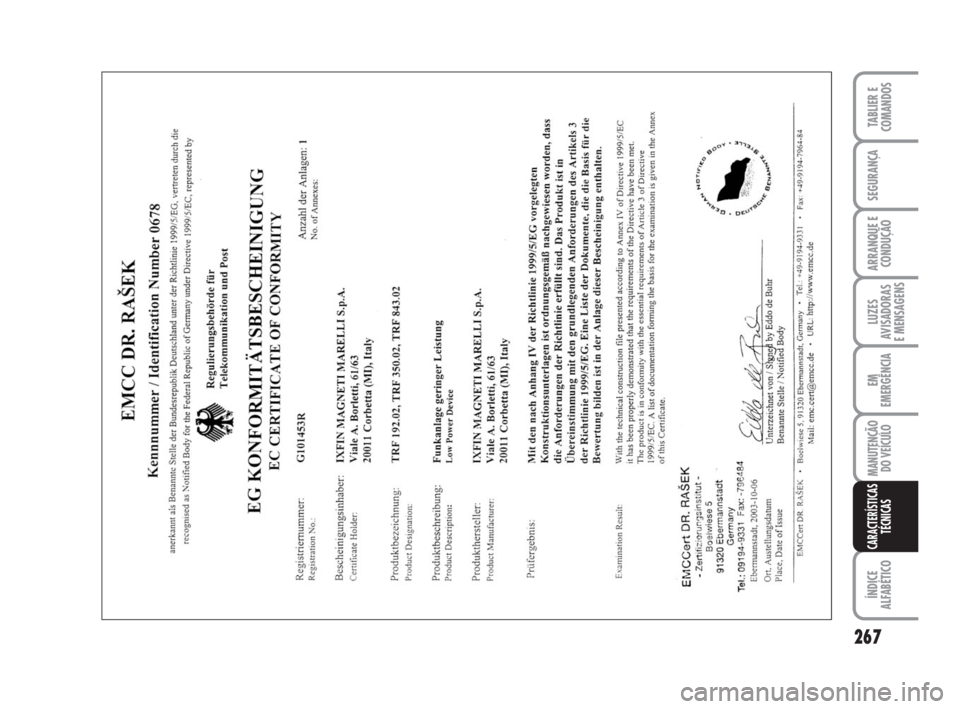FIAT DUCATO 2008  Manual de Uso e Manutenção (in Portuguese) 267
LUZES
AVISADORAS 
E MENSAGENS 
ÍNDICE
ALFABÉTICO
TABLIER E
COMANDOS
SEGURANÇA
ARRANQUE E
CONDUÇÃO
EM
EMERGÊNCIA
MANUTENÇÃO
DO VEÍCULO 
CARACTERÍSTICAS
TÉCNICAS
211-269 Ducato PT  6-11-2