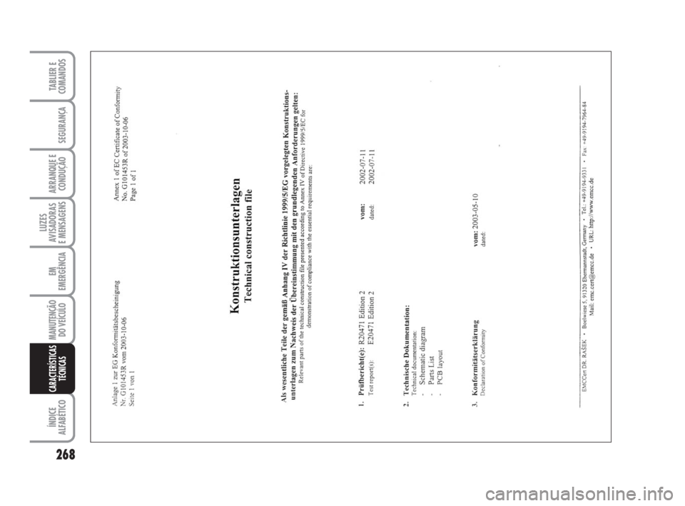 FIAT DUCATO 2008  Manual de Uso e Manutenção (in Portuguese) 268
LUZES
AVISADORAS 
E MENSAGENS 
ÍNDICE
ALFABÉTICO
TABLIER E
COMANDOS
SEGURANÇA
ARRANQUE E
CONDUÇÃO
EM
EMERGÊNCIA
MANUTENÇÃO
DO VEÍCULO 
CARACTERÍSTICAS
TÉCNICAS
211-269 Ducato PT  6-11-2