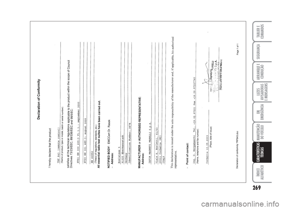 FIAT DUCATO 2008  Manual de Uso e Manutenção (in Portuguese) 269
LUZES
AVISADORAS 
E MENSAGENS 
ÍNDICE
ALFABÉTICO
TABLIER E
COMANDOS
SEGURANÇA
ARRANQUE E
CONDUÇÃO
EM
EMERGÊNCIA
MANUTENÇÃO
DO VEÍCULO 
CARACTERÍSTICAS
TÉCNICAS
211-269 Ducato PT  6-11-2