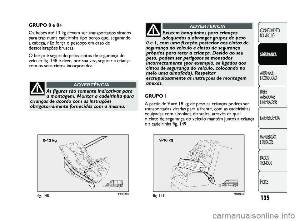 FIAT DUCATO 2009 Manual de Uso e Manutenção (in Portuguese) 135
F0N0123mfig. 148
CONHECIMENTO
DO VEÍCULO
SEGURANÇA
ARRANQUE
E CONDUÇÃO
LUZES
AVISADORAS
E MENSAGENS
EM EMERGÊNCIA
MANUTENÇÃO
E CUIDADOS
DADOS
TÉCNICOS
ÍNDICE
GRUPO 0 e 0+
Os bebé FIAT DUCATO 2009 Manual de Uso e Manutenção (in Portuguese) 135
F0N0123mfig. 148
CONHECIMENTO
DO VEÍCULO
SEGURANÇA
ARRANQUE
E CONDUÇÃO
LUZES
AVISADORAS
E MENSAGENS
EM EMERGÊNCIA
MANUTENÇÃO
E CUIDADOS
DADOS
TÉCNICOS
ÍNDICE
GRUPO 0 e 0+
Os bebé