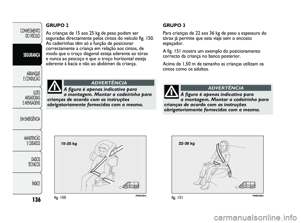 FIAT DUCATO 2009 Manual de Uso e Manutenção (in Portuguese) 136
F0N0125mfig. 150F0M0126mfig. 151
GRUPO 3
Para crianças de 22 aos 36 kg de peso a espessura do
tórax já permite que esta viaje sem o encosto
espaçador.
A fig. 151 mostra um exemplo do posiciona FIAT DUCATO 2009 Manual de Uso e Manutenção (in Portuguese) 136
F0N0125mfig. 150F0M0126mfig. 151
GRUPO 3
Para crianças de 22 aos 36 kg de peso a espessura do
tórax já permite que esta viaje sem o encosto
espaçador.
A fig. 151 mostra um exemplo do posiciona