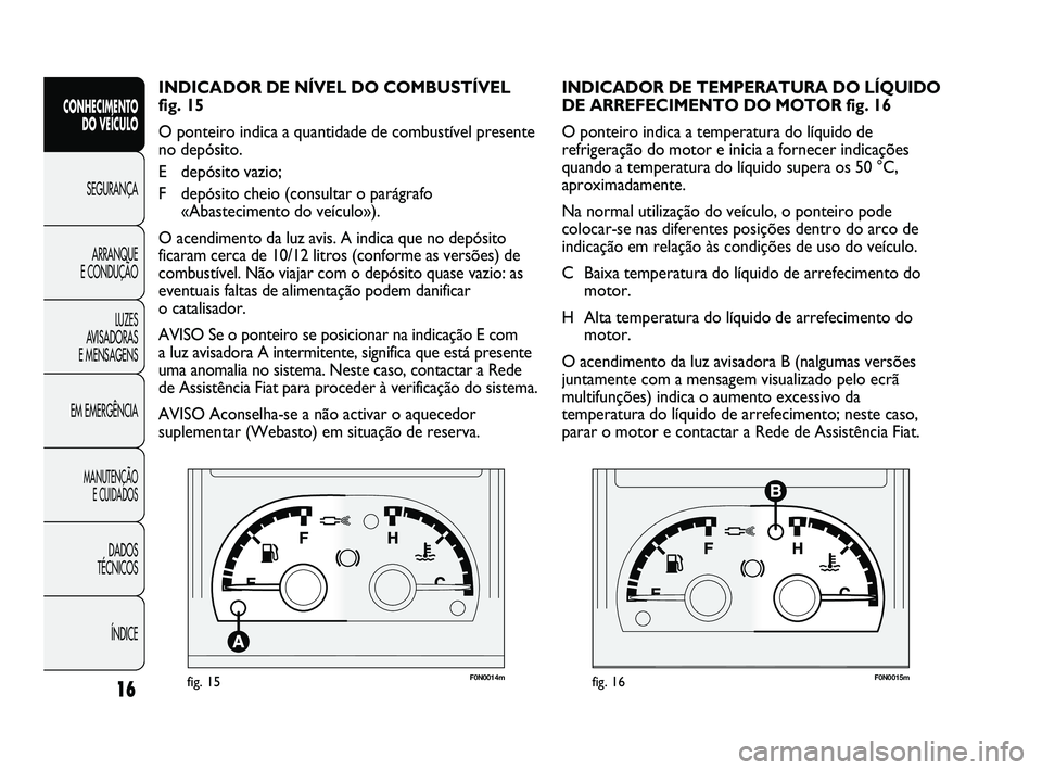 FIAT DUCATO 2010  Manual de Uso e Manutenção (in Portuguese) F0N0014mfig. 15F0N0015mfig. 16
INDICADOR DE TEMPERATURA DO LÍQUIDO
DE ARREFECIMENTO DO MOTOR fig. 16
O ponteiro indica a temperatura do líquido de
refrigeração do motor e inicia a fornecer indica�