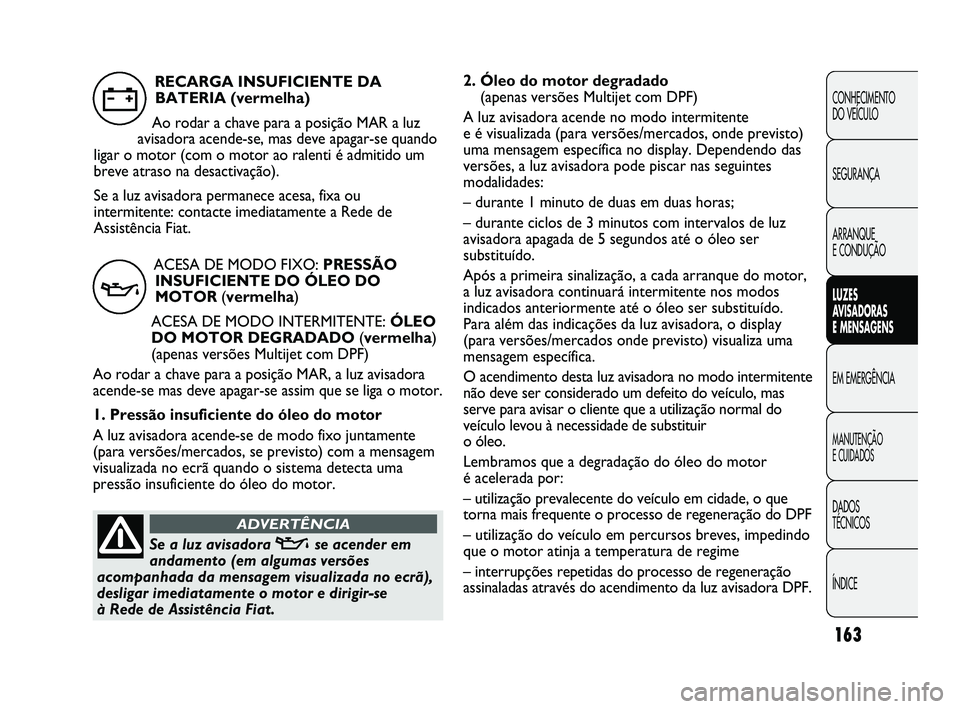 FIAT DUCATO 2009 Manual de Uso e Manutenção (in Portuguese) 163
2. Óleo do motor degradado
(apenas versões Multijet com DPF)
A luz avisadora acende no modo intermitente
e é visualizada (para versões/mercados, onde previsto)
uma mensagem específica no di FIAT DUCATO 2009 Manual de Uso e Manutenção (in Portuguese) 163
2. Óleo do motor degradado
(apenas versões Multijet com DPF)
A luz avisadora acende no modo intermitente
e é visualizada (para versões/mercados, onde previsto)
uma mensagem específica no di