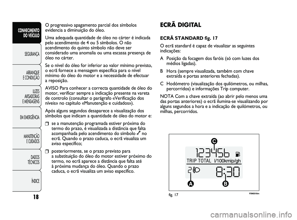 FIAT DUCATO 2010  Manual de Uso e Manutenção (in Portuguese) F0N0016mfig. 17
ECRÃ DIGITAL 
ECRÃ STANDARD fig. 17
O ecrã standard é capaz de visualizar as seguintes
indicações:
A Posição da focagem dos faróis (só com luzes dos
médios ligadas).
B Hora 