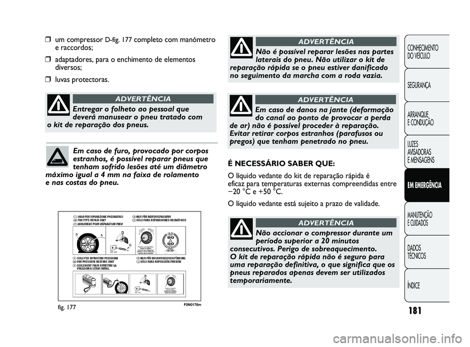 FIAT DUCATO 2009 Manual de Uso e Manutenção (in Portuguese) 181
F0N0178mfig. 177
❒um compressor D-fig. 177completo com manómetro
e raccordos;
❒adaptadores, para o enchimento de elementos
diversos;
❒luvas protectoras.
CONHECIMENTO
DO VEÍCULO
SEGURANÇ FIAT DUCATO 2009 Manual de Uso e Manutenção (in Portuguese) 181
F0N0178mfig. 177
❒um compressor D-fig. 177completo com manómetro
e raccordos;
❒adaptadores, para o enchimento de elementos
diversos;
❒luvas protectoras.
CONHECIMENTO
DO VEÍCULO
SEGURANÇ