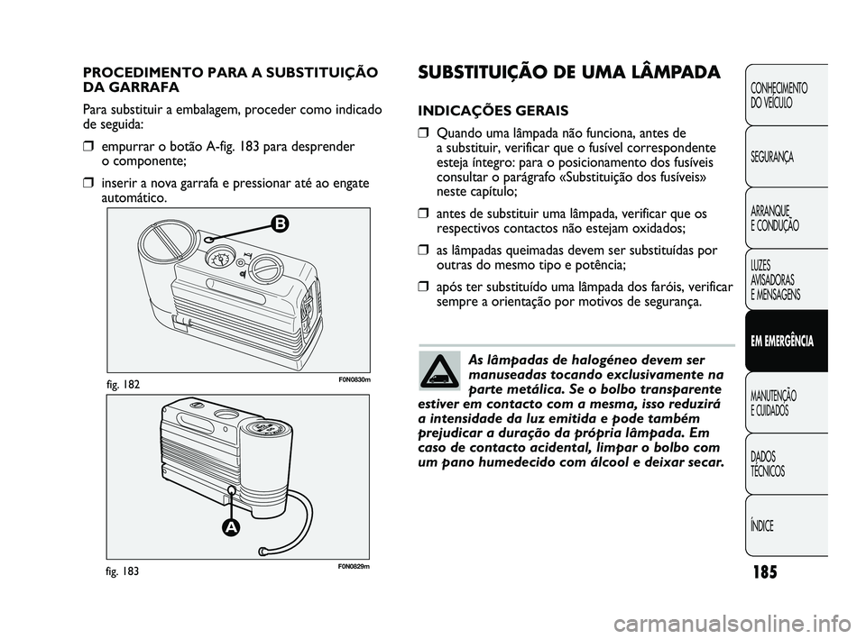 FIAT DUCATO 2009 Manual de Uso e Manutenção (in Portuguese) 185
B
F0N0830mfig. 182
F0N0829mfig. 183
SUBSTITUIÇÃO DE UMA LÂMPADA
INDICAÇÕES GERAIS
❒Quando uma lâmpada não funciona, antes de
a substituir, verificar que o fusível correspondente
esteja FIAT DUCATO 2009 Manual de Uso e Manutenção (in Portuguese) 185
B
F0N0830mfig. 182
F0N0829mfig. 183
SUBSTITUIÇÃO DE UMA LÂMPADA
INDICAÇÕES GERAIS
❒Quando uma lâmpada não funciona, antes de
a substituir, verificar que o fusível correspondente
esteja