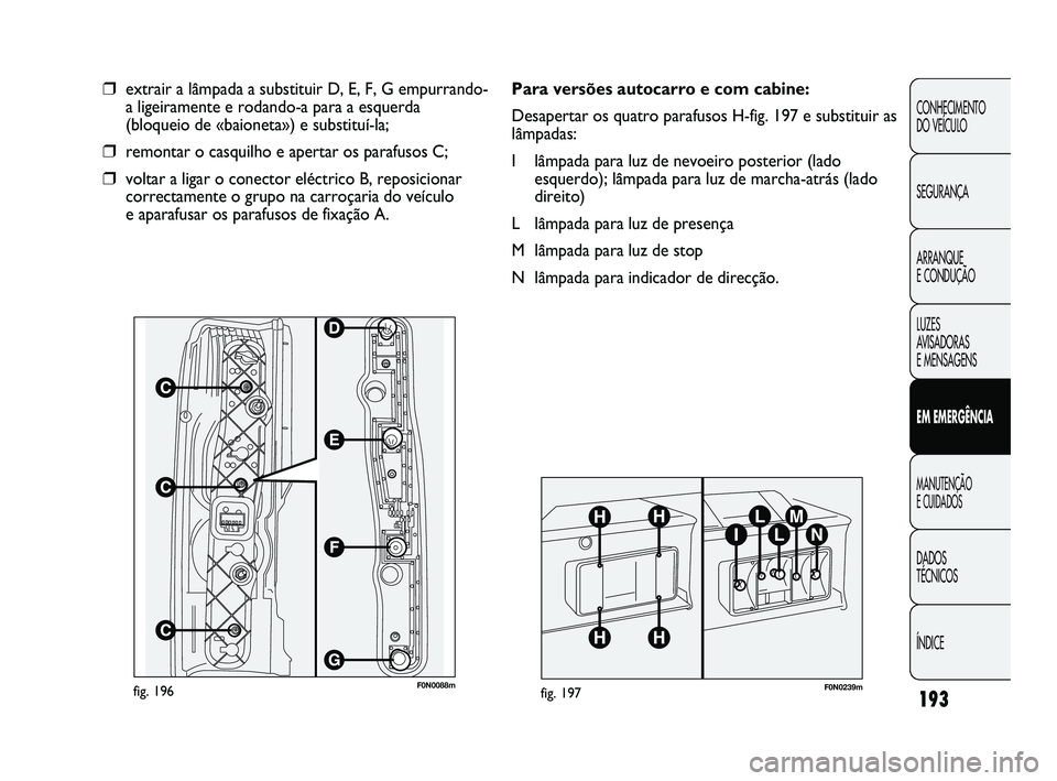 FIAT DUCATO 2009 Manual de Uso e Manutenção (in Portuguese) 193
CONHECIMENTO
DO VEÍCULO
SEGURANÇA
ARRANQUE
E CONDUÇÃO
LUZES
AVISADORAS
E MENSAGENS
EM EMERGÊNCIA
MANUTENÇÃO
E CUIDADOS
DADOS
TÉCNICOS
ÍNDICE
F0N0088mfig. 196
❒extrair a lâmpada FIAT DUCATO 2009 Manual de Uso e Manutenção (in Portuguese) 193
CONHECIMENTO
DO VEÍCULO
SEGURANÇA
ARRANQUE
E CONDUÇÃO
LUZES
AVISADORAS
E MENSAGENS
EM EMERGÊNCIA
MANUTENÇÃO
E CUIDADOS
DADOS
TÉCNICOS
ÍNDICE
F0N0088mfig. 196
❒extrair a lâmpada