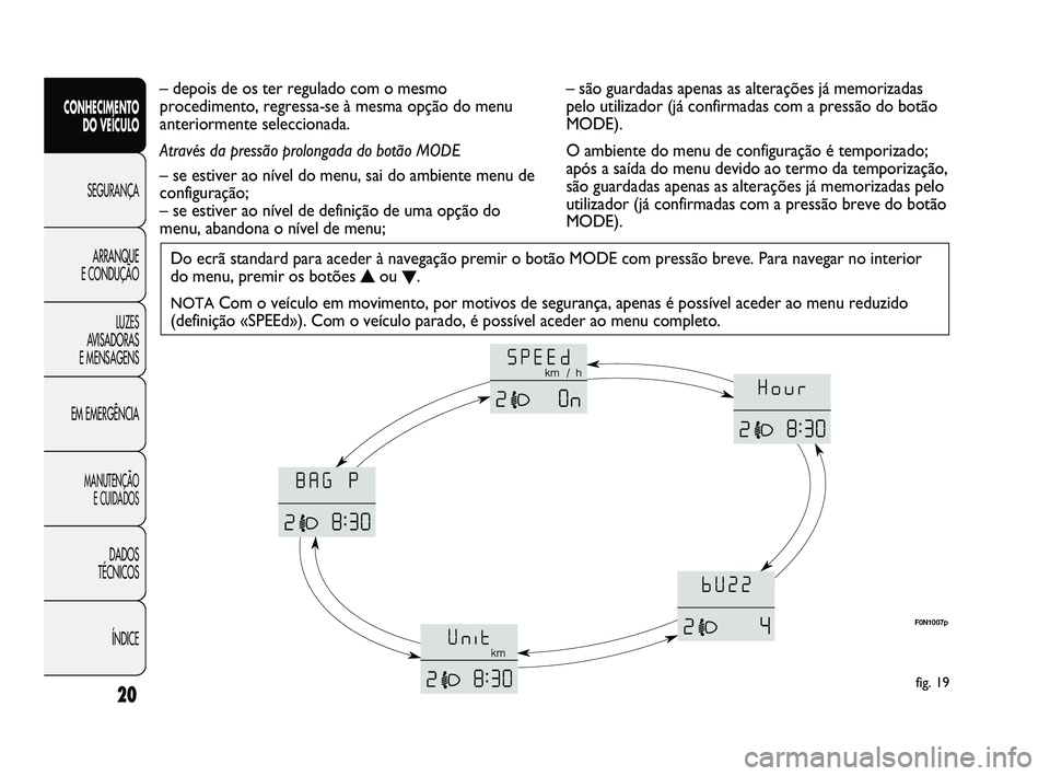 FIAT DUCATO 2010  Manual de Uso e Manutenção (in Portuguese) 20
Do ecrã standard para aceder à navegação premir o botão MODE com pressão breve. Para navegar no interior
do menu, premir os botões ▲ou ▼. 
NOTACom o veículo em movimento, por motivos de