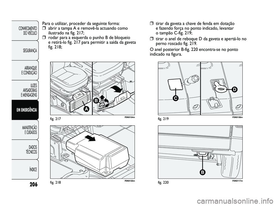 FIAT DUCATO 2009 Manual de Uso e Manutenção (in Portuguese) 206
F0N0117mfig. 220F0N0135mfig. 218
F0N0136mfig. 219
❒tirar da gaveta a chave de fenda em dotação
e fazendo força no ponto indicado, levantar
o tampão C-fig. 219;
❒tirar o anel de reboque D FIAT DUCATO 2009 Manual de Uso e Manutenção (in Portuguese) 206
F0N0117mfig. 220F0N0135mfig. 218
F0N0136mfig. 219
❒tirar da gaveta a chave de fenda em dotação
e fazendo força no ponto indicado, levantar
o tampão C-fig. 219;
❒tirar o anel de reboque D