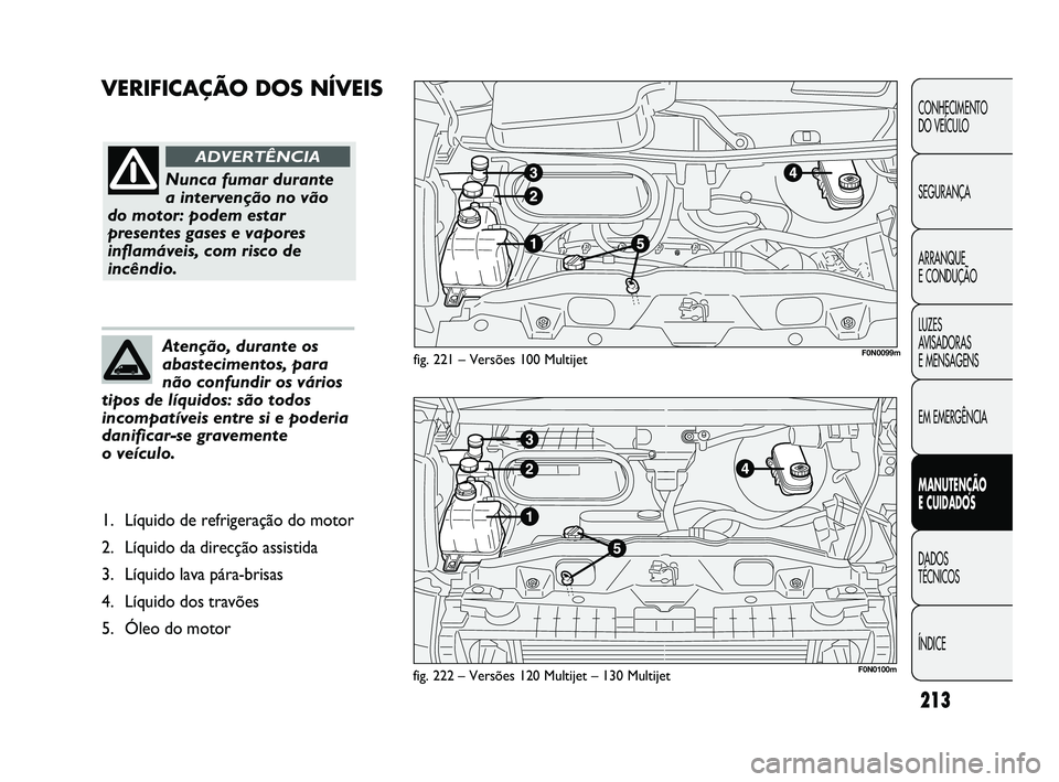 FIAT DUCATO 2009 Manual de Uso e Manutenção (in Portuguese) 213
VERIFICAÇÃO DOS NÍVEIS
CONHECIMENTO
DO VEÍCULO
SEGURANÇA
ARRANQUE
E CONDUÇÃO
LUZES
AVISADORAS
E MENSAGENS
EM EMERGÊNCIA
MANUTENÇÃO
E CUIDADOS
DADOS
TÉCNICOS
ÍNDICE
fig. 221 – FIAT DUCATO 2009 Manual de Uso e Manutenção (in Portuguese) 213
VERIFICAÇÃO DOS NÍVEIS
CONHECIMENTO
DO VEÍCULO
SEGURANÇA
ARRANQUE
E CONDUÇÃO
LUZES
AVISADORAS
E MENSAGENS
EM EMERGÊNCIA
MANUTENÇÃO
E CUIDADOS
DADOS
TÉCNICOS
ÍNDICE
fig. 221 –