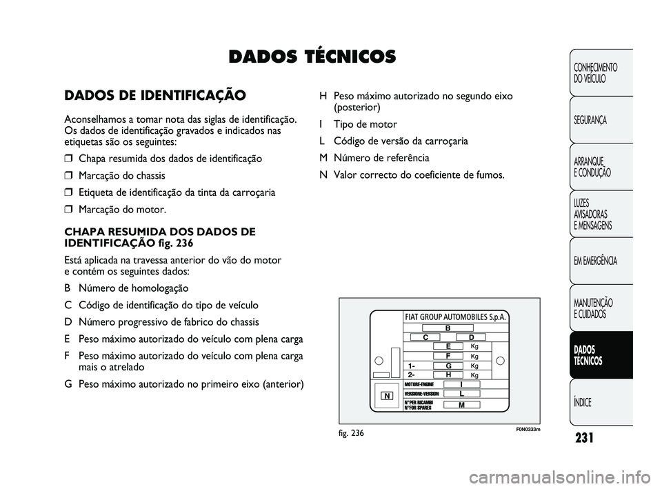 FIAT DUCATO 2009 Manual de Uso e Manutenção (in Portuguese) 231
F0N0333mfig. 236
CONHECIMENTO
DO VEÍCULO
SEGURANÇA
ARRANQUE
E CONDUÇÃO
LUZES
AVISADORAS
E MENSAGENS
EM EMERGÊNCIA
MANUTENÇÃO
E CUIDADOS
DADOS
TÉCNICOS
ÍNDICE
H Peso máximo autori FIAT DUCATO 2009 Manual de Uso e Manutenção (in Portuguese) 231
F0N0333mfig. 236
CONHECIMENTO
DO VEÍCULO
SEGURANÇA
ARRANQUE
E CONDUÇÃO
LUZES
AVISADORAS
E MENSAGENS
EM EMERGÊNCIA
MANUTENÇÃO
E CUIDADOS
DADOS
TÉCNICOS
ÍNDICE
H Peso máximo autori