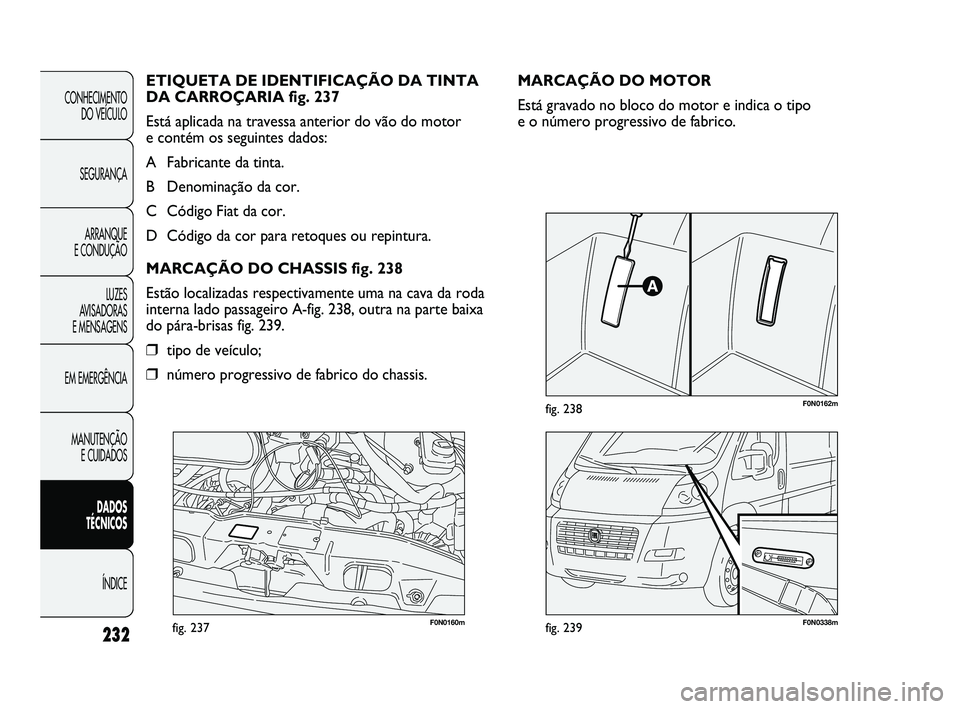 FIAT DUCATO 2009 Manual de Uso e Manutenção (in Portuguese) 232
F0N0160mfig. 237F0N0338mfig. 239
F0N0162mfig. 238
MARCAÇÃO DO MOTOR
Está gravado no bloco do motor e indica o tipo
e o número progressivo de fabrico. ETIQUETA DE IDENTIFICAÇÃO DA TINTA
DA C FIAT DUCATO 2009 Manual de Uso e Manutenção (in Portuguese) 232
F0N0160mfig. 237F0N0338mfig. 239
F0N0162mfig. 238
MARCAÇÃO DO MOTOR
Está gravado no bloco do motor e indica o tipo
e o número progressivo de fabrico. ETIQUETA DE IDENTIFICAÇÃO DA TINTA
DA C