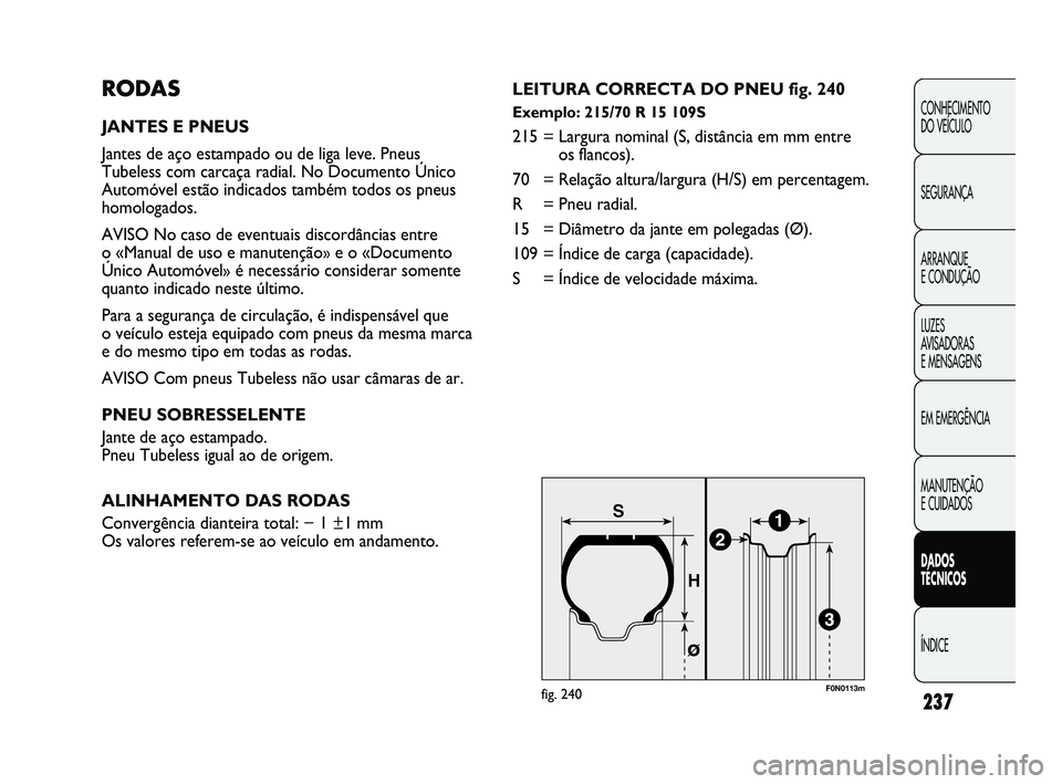 FIAT DUCATO 2009 Manual de Uso e Manutenção (in Portuguese) 237
RODAS
JANTES E PNEUS
Jantes de aço estampado ou de liga leve. Pneus
Tubeless com carcaça radial. No Documento Único
Automóvel estão indicados também todos os pneus
homologados.
AVISO No cas FIAT DUCATO 2009 Manual de Uso e Manutenção (in Portuguese) 237
RODAS
JANTES E PNEUS
Jantes de aço estampado ou de liga leve. Pneus
Tubeless com carcaça radial. No Documento Único
Automóvel estão indicados também todos os pneus
homologados.
AVISO No cas