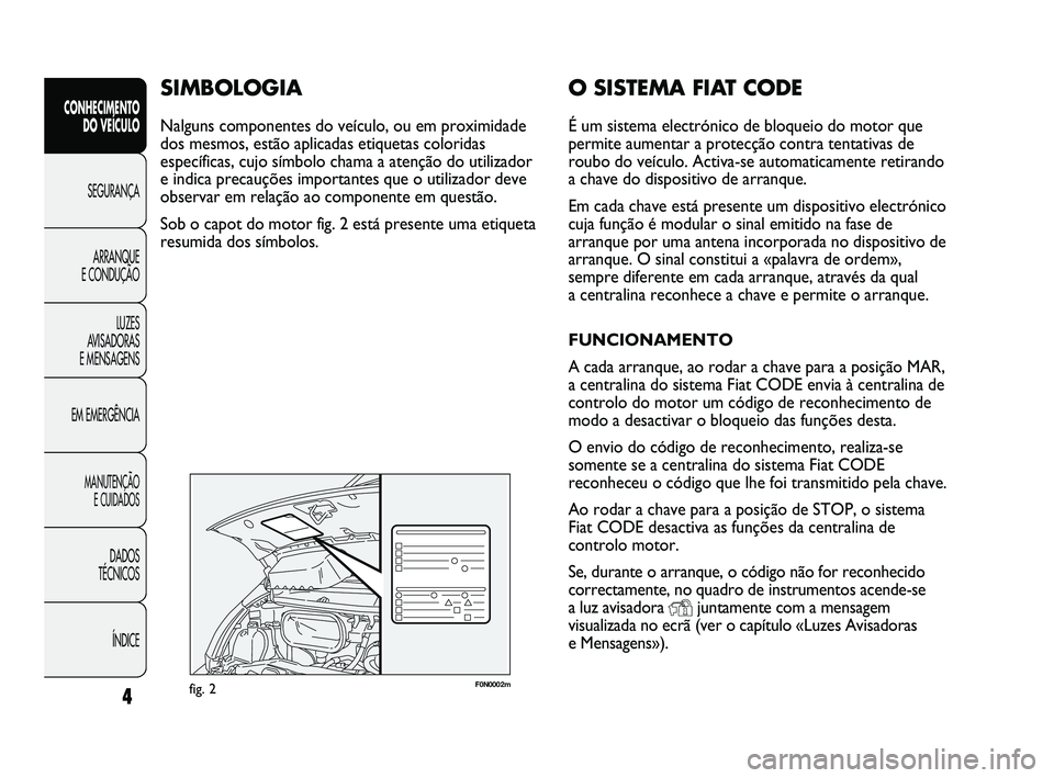 FIAT DUCATO 2009  Manual de Uso e Manutenção (in Portuguese) 4
CONHECIMENTO 
DO VEÍCULO 
SEGURANÇA
ARRANQUE 
E CONDUÇÃO
LUZES 
AVISADORAS 
E MENSAGENS
EM EMERGÊNCIA
MANUTENÇÃO 
E CUIDADOS 
DADOS 
TÉCNICOS 
ÍNDICE
F0N0002mfig. 2
O SISTEMA FIAT CODE
É u