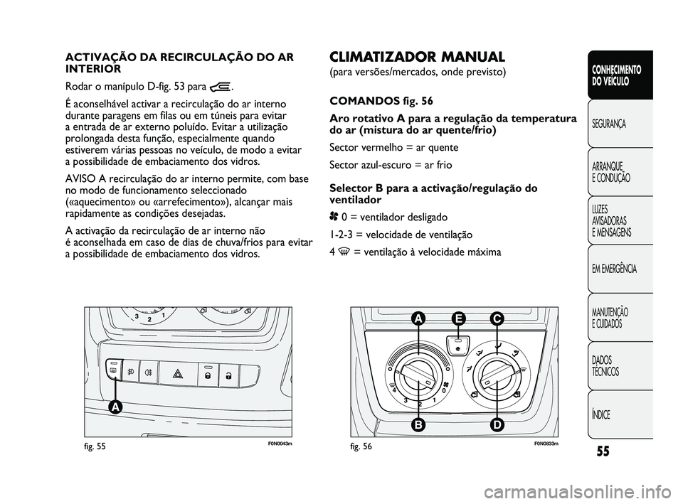 FIAT DUCATO 2009  Manual de Uso e Manutenção (in Portuguese) 55
CONHECIMENTO 
DO VEÍCULO 
SEGURANÇA
ARRANQUE 
E CONDUÇÃO
LUZES 
AVISADORAS 
E MENSAGENS
EM EMERGÊNCIA
MANUTENÇÃO 
E CUIDADOS 
DADOS 
TÉCNICOS
ÍNDICE
F0N0043mfig. 55
CLIMATIZADOR MANUAL 
(p