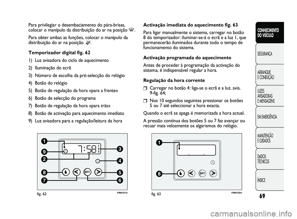 FIAT DUCATO 2009  Manual de Uso e Manutenção (in Portuguese) 69
CONHECIMENTO 
DO VEÍCULO 
SEGURANÇA
ARRANQUE 
E CONDUÇÃO
LUZES 
AVISADORAS 
E MENSAGENS
EM EMERGÊNCIA
MANUTENÇÃO 
E CUIDADOS 
DADOS 
TÉCNICOS
ÍNDICE
F0N0151mfig. 62
Para privilegiar o dese