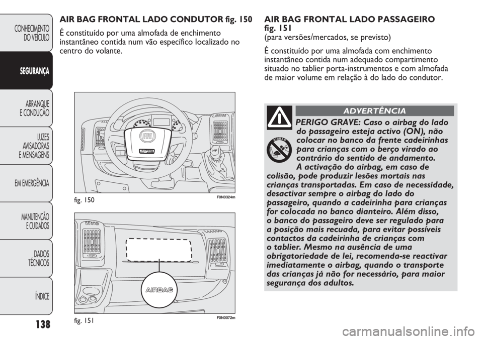 FIAT DUCATO 2011  Manual de Uso e Manutenção (in Portuguese) 138
F0N0072mfig. 151
F0N0324mfig. 150
AIR BAG FRONTAL LADO PASSAGEIRO 
fig. 151
(para versões/mercados, se previsto) 
É constituído por uma almofada com enchimento
instantâneo contida num adequado