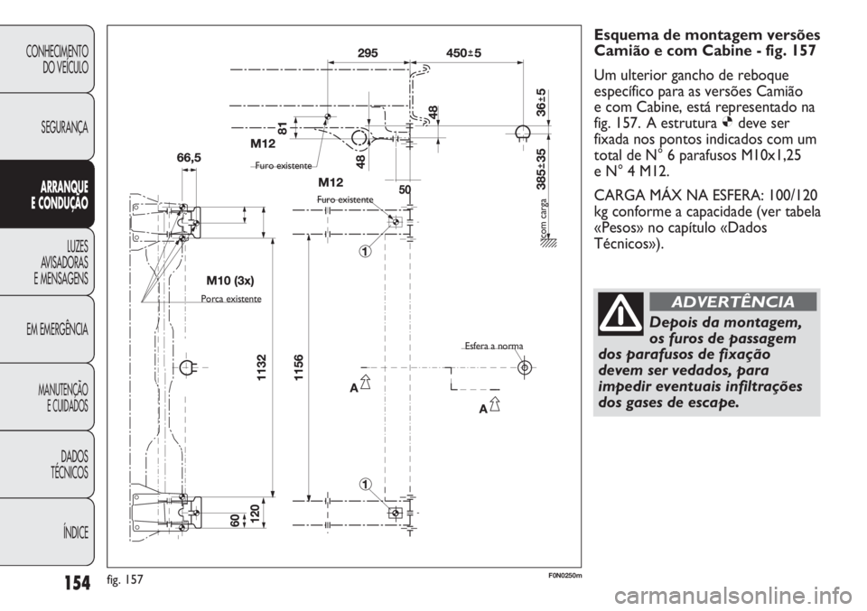 FIAT DUCATO 2011 Manual de Uso e Manutenção (in Portuguese) 154
CONHECIMENTO
DO VEÍCULO
SEGURANÇA
ARRANQUE
E CONDUÇÃO
LUZES
AVISADORAS
E MENSAGENS
EM EMERGÊNCIA
MANUTENÇÃO
E CUIDADOS
DADOS
TÉCNICOS
ÍNDICE
Esquema de montagem versões
Camião e com FIAT DUCATO 2011 Manual de Uso e Manutenção (in Portuguese) 154
CONHECIMENTO
DO VEÍCULO
SEGURANÇA
ARRANQUE
E CONDUÇÃO
LUZES
AVISADORAS
E MENSAGENS
EM EMERGÊNCIA
MANUTENÇÃO
E CUIDADOS
DADOS
TÉCNICOS
ÍNDICE
Esquema de montagem versões
Camião e com