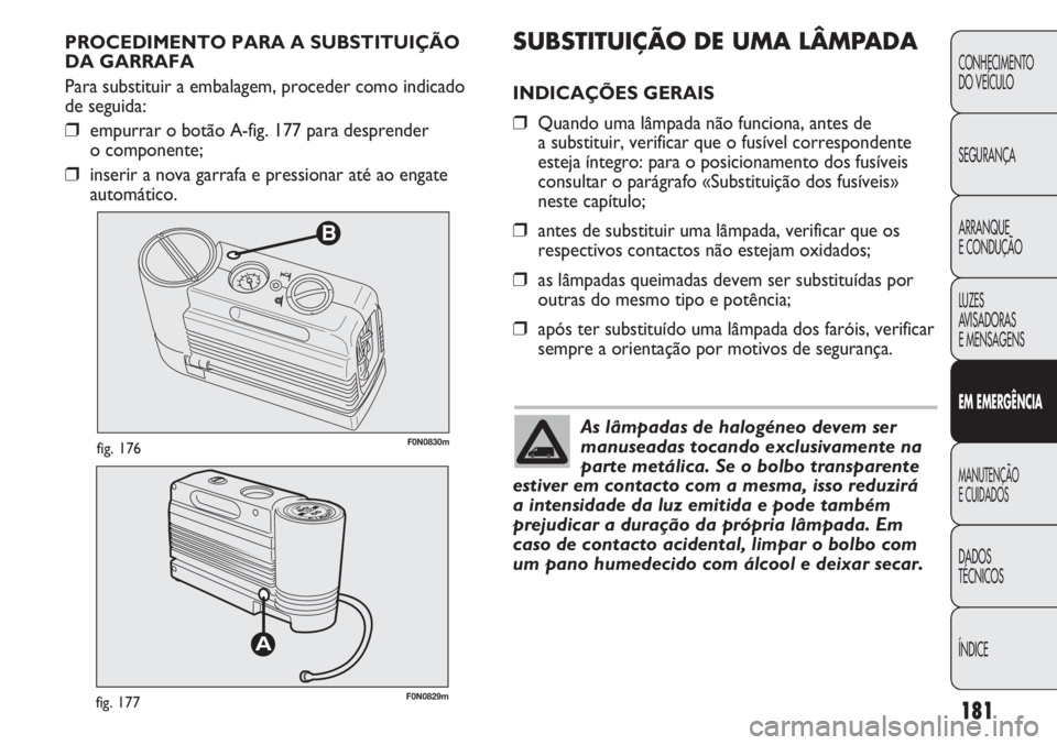 FIAT DUCATO 2011 Manual de Uso e Manutenção (in Portuguese) 181
B
F0N0830mfig. 176
F0N0829mfig. 177
SUBSTITUIÇÃO DE UMA LÂMPADA
INDICAÇÕES GERAIS
❒Quando uma lâmpada não funciona, antes de
a substituir, verificar que o fusível correspondente
esteja FIAT DUCATO 2011 Manual de Uso e Manutenção (in Portuguese) 181
B
F0N0830mfig. 176
F0N0829mfig. 177
SUBSTITUIÇÃO DE UMA LÂMPADA
INDICAÇÕES GERAIS
❒Quando uma lâmpada não funciona, antes de
a substituir, verificar que o fusível correspondente
esteja