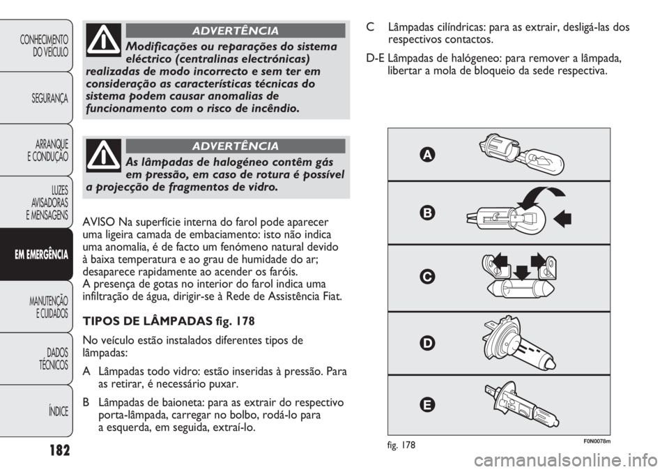 FIAT DUCATO 2011 Manual de Uso e Manutenção (in Portuguese) 182
F0N0078mfig. 178
Modificações ou reparações do sistema
eléctrico (centralinas electrónicas)
realizadas de modo incorrecto e sem ter em
consideração as características técnicas do
sistema FIAT DUCATO 2011 Manual de Uso e Manutenção (in Portuguese) 182
F0N0078mfig. 178
Modificações ou reparações do sistema
eléctrico (centralinas electrónicas)
realizadas de modo incorrecto e sem ter em
consideração as características técnicas do
sistema