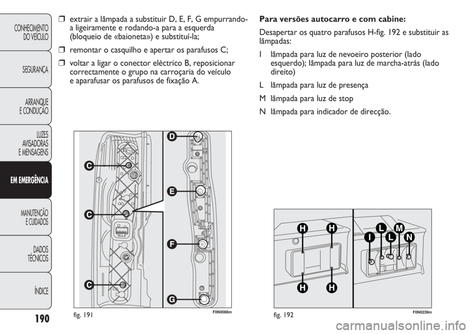 FIAT DUCATO 2011  Manual de Uso e Manutenção (in Portuguese) 190
CONHECIMENTO
DO VEÍCULO 
SEGURANÇA
ARRANQUE
E CONDUÇÃO
LUZES
AVISADORAS 
E MENSAGENS
EM EMERGÊNCIA
MANUTENÇÃO
E CUIDADOS 
DADOS
TÉCNICOS
ÍNDICE
F0N0088mfig. 191
❒extrair a lâmpada a su