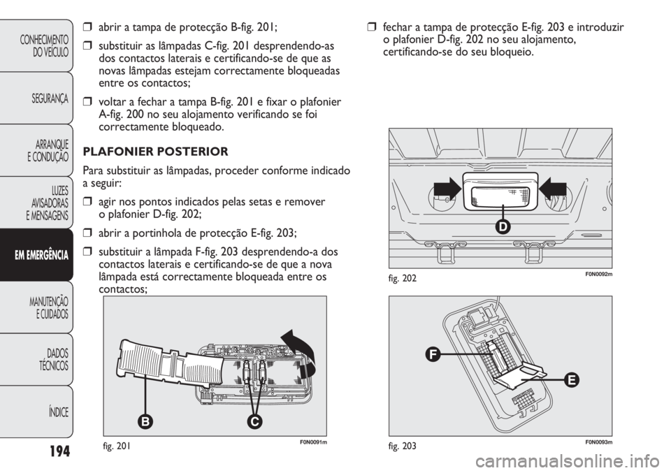 FIAT DUCATO 2011  Manual de Uso e Manutenção (in Portuguese) 194
CONHECIMENTO
DO VEÍCULO 
SEGURANÇA
ARRANQUE
E CONDUÇÃO
LUZES
AVISADORAS 
E MENSAGENS
EM EMERGÊNCIA
MANUTENÇÃO
E CUIDADOS 
DADOS
TÉCNICOS
ÍNDICE
F0N0091mfig. 201
❒abrir a tampa de protec