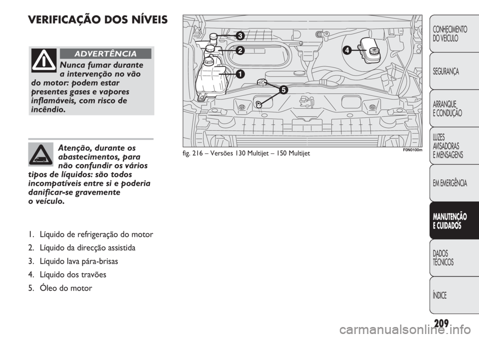 FIAT DUCATO 2011  Manual de Uso e Manutenção (in Portuguese) 209
VERIFICAÇÃO DOS NÍVEIS
CONHECIMENTO
DO VEÍCULO 
SEGURANÇA
ARRANQUE
E CONDUÇÃO
LUZES
AVISADORAS 
E MENSAGENS
EM EMERGÊNCIA
MANUTENÇÃO
E CUIDADOS 
DADOS
TÉCNICOS
ÍNDICE
fig. 216 – Vers