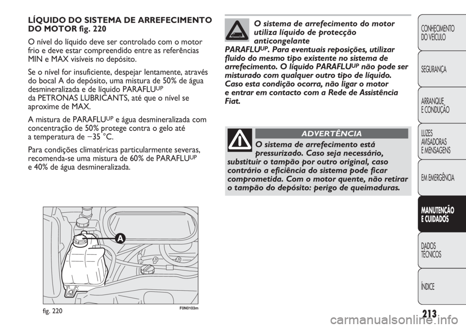 FIAT DUCATO 2011  Manual de Uso e Manutenção (in Portuguese) 213
CONHECIMENTO
DO VEÍCULO 
SEGURANÇA
ARRANQUE
E CONDUÇÃO
LUZES
AVISADORAS 
E MENSAGENS
EM EMERGÊNCIA
MANUTENÇÃO
E CUIDADOS 
DADOS
TÉCNICOS
ÍNDICE
F0N0103mfig. 220
LÍQUIDO DO SISTEMA DE ARR