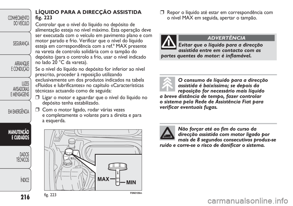 FIAT DUCATO 2011  Manual de Uso e Manutenção (in Portuguese) F0N0109mfig. 223
LÍQUIDO PARA A DIRECÇÃO ASSISTIDA 
fig. 223
Controlar que o nível do líquido no depósito de
alimentação esteja no nível máximo. Esta operação deve
ser executada com o veí