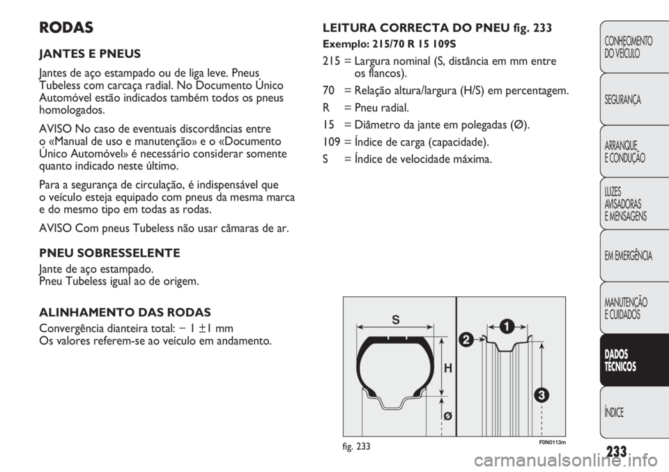 FIAT DUCATO 2011  Manual de Uso e Manutenção (in Portuguese) 233
RODAS
JANTES E PNEUS
Jantes de aço estampado ou de liga leve. Pneus 
Tubeless com carcaça radial. No Documento Único
Automóvel estão indicados também todos os pneus
homologados.
AVISO No cas