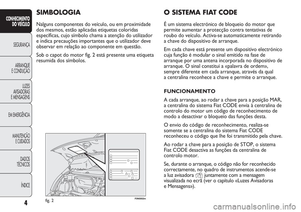 FIAT DUCATO 2011  Manual de Uso e Manutenção (in Portuguese) 4
CONHECIMENTO
DO VEÍCULO 
SEGURANÇA
ARRANQUE
E CONDUÇÃO
LUZES
AVISADORAS 
E MENSAGENS
EM EMERGÊNCIA
MANUTENÇÃO
E CUIDADOS 
DADOS
TÉCNICOS
ÍNDICE
F0N0002mfig. 2
O SISTEMA FIAT CODE
É um sist