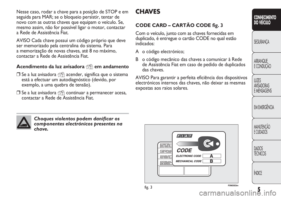 FIAT DUCATO 2011 Manual de Uso e Manutenção (in Portuguese) 5
CONHECIMENTO
DO VEÍCULO
SEGURANÇA
ARRANQUE
E CONDUÇÃO
LUZES
AVISADORAS
E MENSAGENS
EM EMERGÊNCIA
MANUTENÇÃO
E CUIDADOS
DADOS
TÉCNICOS
ÍNDICE
CHAVES
CODE CARD – CARTÃO CODE fig. 3
Com FIAT DUCATO 2011 Manual de Uso e Manutenção (in Portuguese) 5
CONHECIMENTO
DO VEÍCULO
SEGURANÇA
ARRANQUE
E CONDUÇÃO
LUZES
AVISADORAS
E MENSAGENS
EM EMERGÊNCIA
MANUTENÇÃO
E CUIDADOS
DADOS
TÉCNICOS
ÍNDICE
CHAVES
CODE CARD – CARTÃO CODE fig. 3
Com