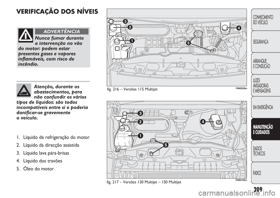 FIAT DUCATO 2013 Manual de Uso e Manutenção (in Portuguese) 209
VERIFICAÇÃO DOS NÍVEIS
CONHECIMENTO
DO VEÍCULO
SEGURANÇA
ARRANQUE
E CONDUÇÃO
LUZES
AVISADORAS
E MENSAGENS
EM EMERGÊNCIA
MANUTENÇÃO
E CUIDADOS
DADOS
TÉCNICOS
ÍNDICE
fig. 217 – Vers FIAT DUCATO 2013 Manual de Uso e Manutenção (in Portuguese) 209
VERIFICAÇÃO DOS NÍVEIS
CONHECIMENTO
DO VEÍCULO
SEGURANÇA
ARRANQUE
E CONDUÇÃO
LUZES
AVISADORAS
E MENSAGENS
EM EMERGÊNCIA
MANUTENÇÃO
E CUIDADOS
DADOS
TÉCNICOS
ÍNDICE
fig. 217 – Vers
