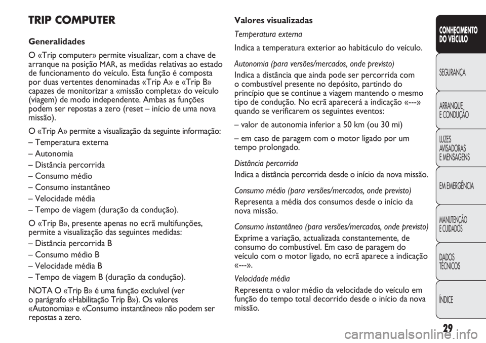FIAT DUCATO 2013  Manual de Uso e Manutenção (in Portuguese) 29
CONHECIMENTO
DO VEÍCULO 
SEGURANÇA
ARRANQUE
E CONDUÇÃO
LUZES
AVISADORAS 
E MENSAGENS
EM EMERGÊNCIA
MANUTENÇÃO
E CUIDADOS 
DADOS
TÉCNICOS
ÍNDICE
Valores visualizadas
Temperatura externa
Ind