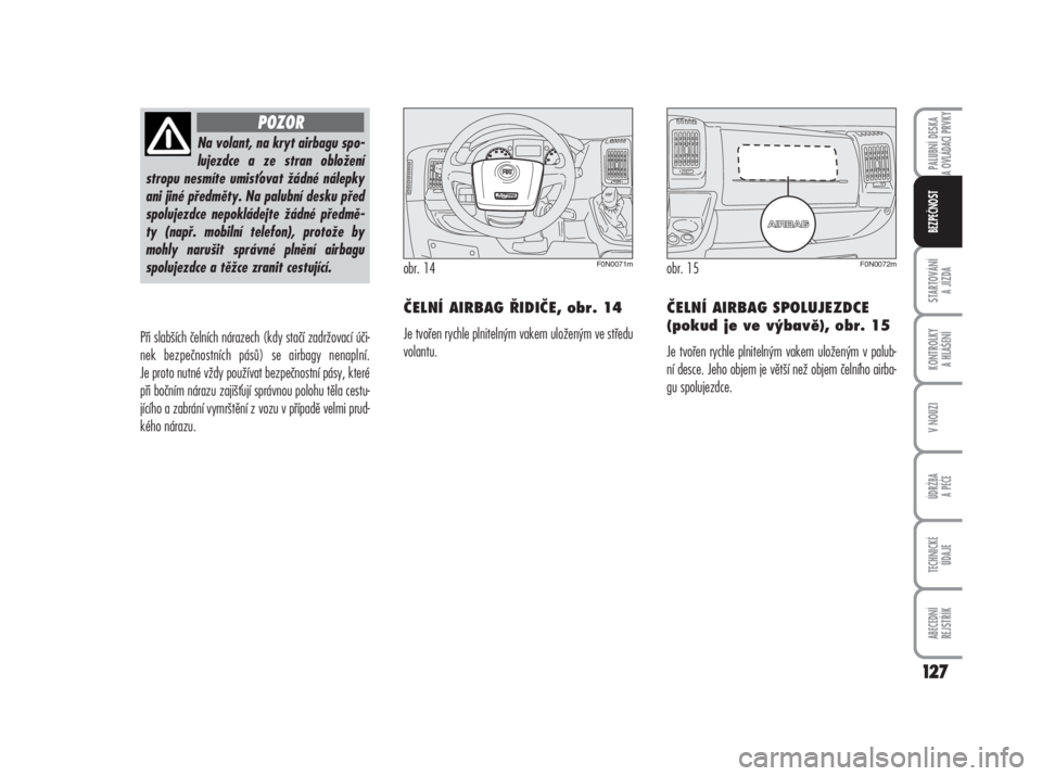 FIAT DUCATO 2007  Návod k použití a údržbě (in Czech) 127
STARTOVÁNÍ 
A JÍZDA
KONTROLKY 
A HLÁŠENÍ
V NOUZI
ÚDRŽBA
A PÉČE
TECHNICKÉ 
ÚDAJE
ABECEDNÍ 
REJSTŘÍK
Při slabších čelních nárazech (kdy stačí zadržovací úči-
nek bezpečno