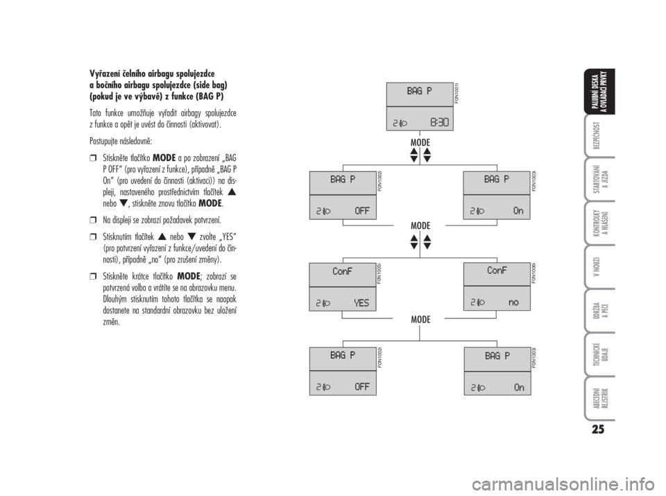 FIAT DUCATO 2007  Návod k použití a údržbě (in Czech) Vyřazení čelního airbagu spolujezdce
a bočního airbagu spolujezdce (side bag)
(pokud je ve výbavě) z funkce (BAG P)
Tato funkce umožňuje vyřadit airbagy spolujezdce
z funkce a opět je uvé