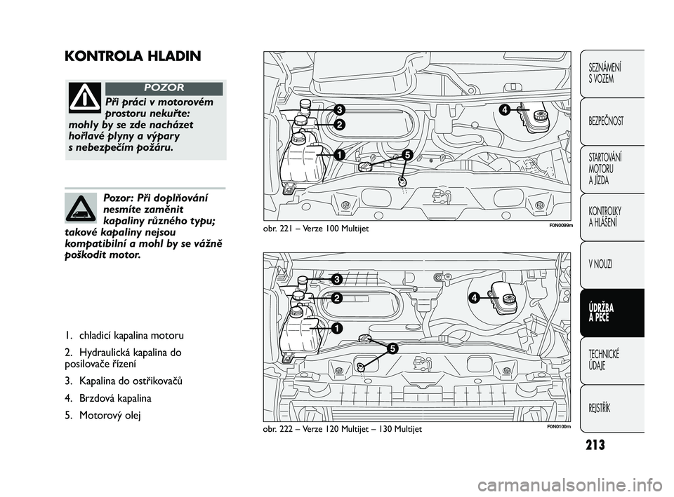 FIAT DUCATO 2010 Návod k použití a údržbě (in Czech) 213
SEZNÁMENÍ
S VOZEM
BEZPEČNOST
STARTOVÁNÍ
MOTORU
A JÍZDA
KONTROLKY
A HLÁŠENÍ
V NOUZI
ÚDRŽBA
A PÉČE
TECHNICKÉ
ÚDAJE
REJSTŘÍK
KONTROLA HLADIN
obr. 221 – Verze 100 Multijet
obr. FIAT DUCATO 2010 Návod k použití a údržbě (in Czech) 213
SEZNÁMENÍ
S VOZEM
BEZPEČNOST
STARTOVÁNÍ
MOTORU
A JÍZDA
KONTROLKY
A HLÁŠENÍ
V NOUZI
ÚDRŽBA
A PÉČE
TECHNICKÉ
ÚDAJE
REJSTŘÍK
KONTROLA HLADIN
obr. 221 – Verze 100 Multijet
obr.