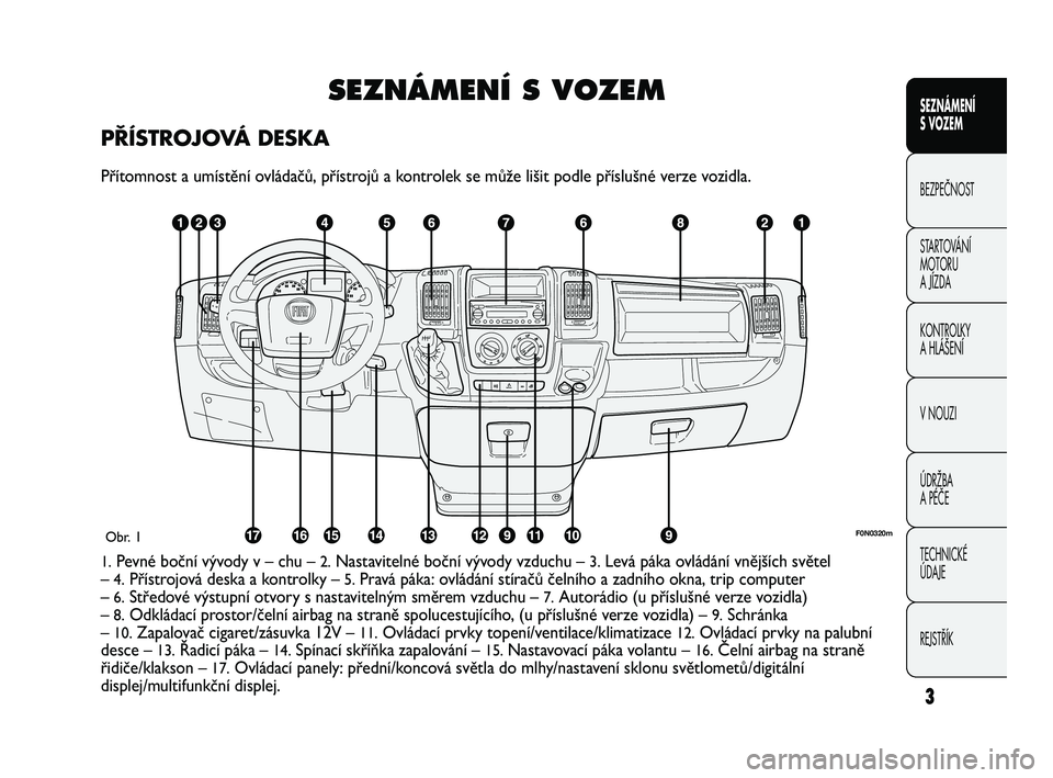 FIAT DUCATO 2010  Návod k použití a údržbě (in Czech) 3
SEZNÁMENÍ 
S VOZEM
BEZPEČNOST
STARTOVÁNÍ 
MOTORU 
A JÍZDA
KONTROLKY
A HLÁŠENÍ
V NOUZI
ÚDRŽBA
A PÉČE
TECHNICKÉ 
ÚDAJE
REJSTŘÍK
SEZNÁMENÍ S VOZEM
PŘÍSTROJOVÁ DESKA
Přítomnost a