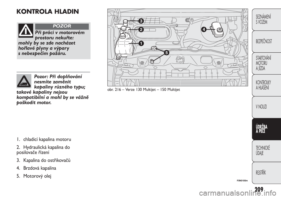 FIAT DUCATO 2011  Návod k použití a údržbě (in Czech) 209
SEZNÁMENÍ 
S VOZEM
BEZPEČNOST
STARTOVÁNÍ 
MOTORU 
A JÍZDA
KONTROLKY
A HLÁŠENÍ
V NOUZI
ÚDRŽBA
A PÉČE
TECHNICKÉ 
ÚDAJE
REJSTŘÍK
KONTROLA HLADIN
obr. 216 – Verze 130 Multijet – 1
