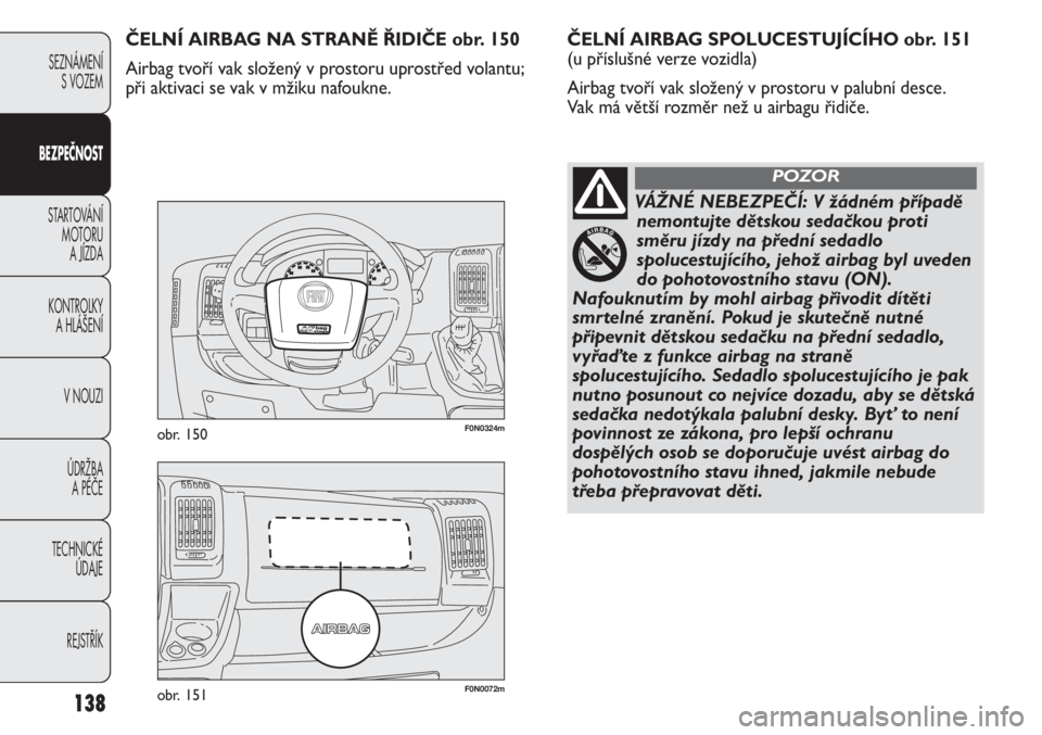FIAT DUCATO 2012  Návod k použití a údržbě (in Czech) 138
SEZNÁMENÍ
S VOZEM
BEZPEČNOST
STARTOVÁNÍ 
MOTORU 
A JÍZDA
KONTROLKY 
A HLÁŠENÍ
V NOUZI
ÚDRŽBA 
A PÉČE
TECHNICKÉ 
ÚDAJE
REJSTŘÍK
F0N0072mobr. 151
F0N0324mobr. 150
ČELNÍ AIRBAG SPO