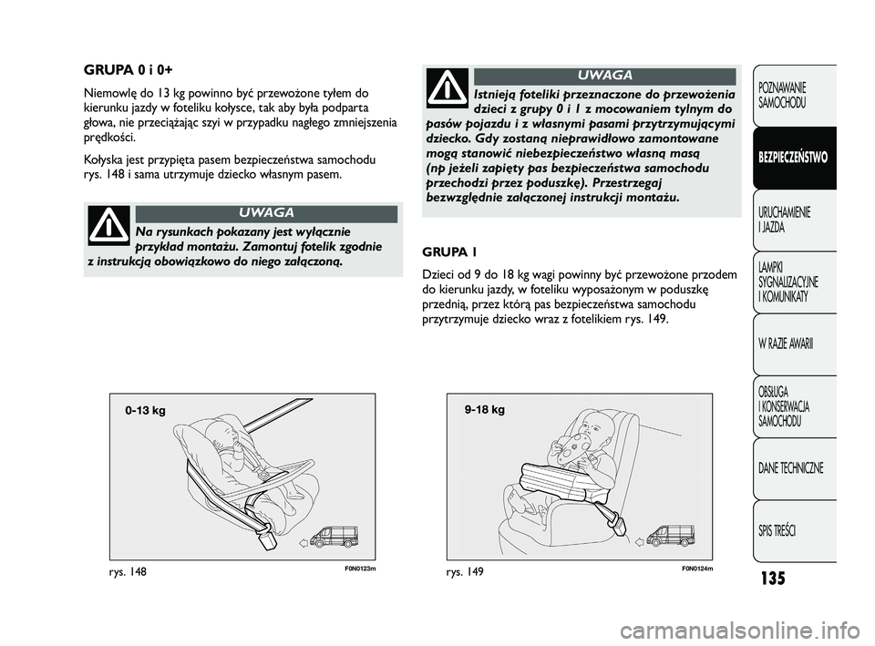 FIAT DUCATO 2008  Instrukcja obsługi (in Polish) F0N0123mrys. 148135
POZNAWANIE
SAMOCHODU
BEZPIECZEŃSTWO
URUCHAMIENIE
I JAZDA
LAMPKI
SYGNALIZACYJNE
I KOMUNIKATY
W RAZIE AWARII
OBS¸UGA
I KONSERWACJA
SAMOCHODU
DANE TECHNICZNE
SPIS TREÂCI
GRUPA 0 i 