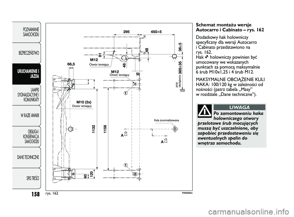 FIAT DUCATO 2008  Instrukcja obsługi (in Polish) 158
POZNAWANIE
SAMOCHODU
BEZPIECZE¡STWO
URUCHAMIENIE I
JAZDA
LAMPKI
SYGNALIZACYJNE I
KOMUNIKATY
W RAZIE AWARII
OBS¸UGA I
KONSERWACJA
SAMOCHODU
DANE TECHNICZNE
SPIS TREÂCI
Schemat montażu wersje
Au