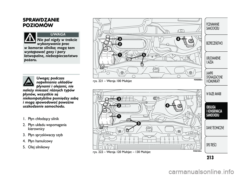 FIAT DUCATO 2008  Instrukcja obsługi (in Polish) 213
POZNAWANIE
SAMOCHODU
BEZPIECZEŃSTWO
URUCHAMIENIE
I JAZDA
LAMPKI
SYGNALIZACYJNE
I KOMUNIKATY
W RAZIE AWARII
OBS�UGA
I KONSERWACJA
SAMOCHODU
DANE TECHNICZNE
SPIS TREŚCI
SPRAWDZANIE
POZIOMÓW
rys. 