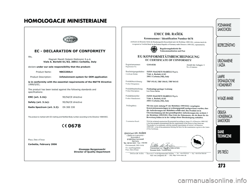FIAT DUCATO 2008  Instrukcja obsługi (in Polish) 273
POZNAWANIE
SAMOCHODU
BEZPIECZE¡STWO
URUCHAMIENIE
I JAZDA
LAMPKI
SYGNALIZACYJNE
I KOMUNIKATY
W RAZIE AWARII
OBS¸UGA
I KONSERWACJA
SAMOCHODU
DANE
TECHNICZNE
SPIS TREÂCI
HOMOLOGACJE MINISTERIALNE

